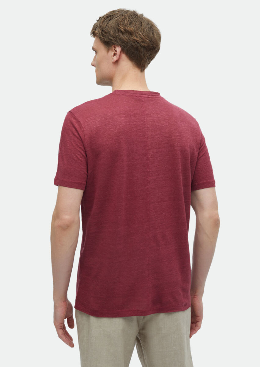 Kırmızı Düz Bisiklet Yaka %100 Keten T-Shirt - 5