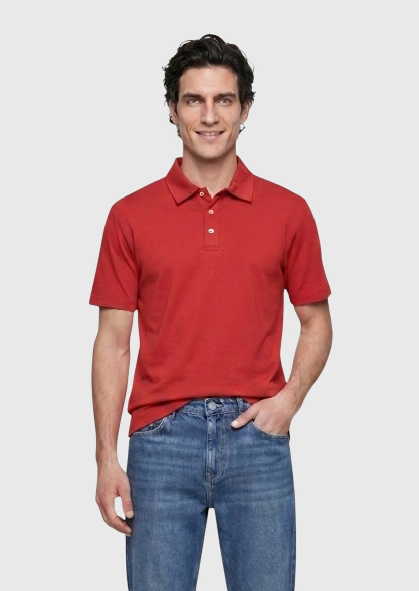 Kırmızı Düz Pamuk Karışımlı T-Shirt 