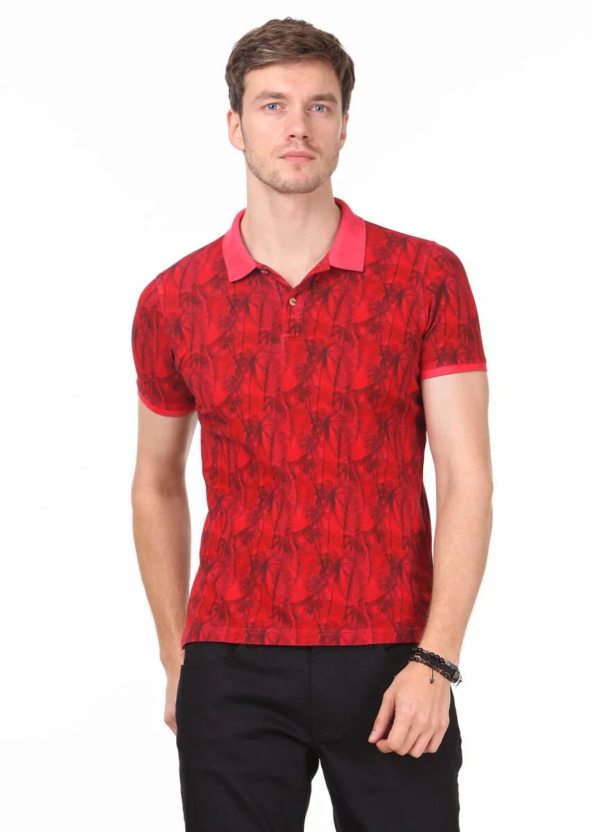 Kırmızı Düz Polo Yaka %100 Pamuk T-Shirt - 1