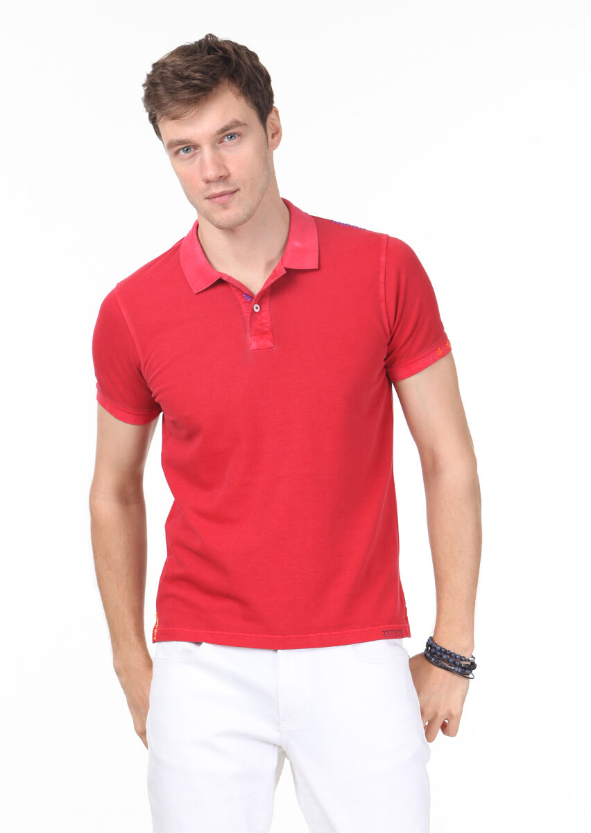 Kırmızı Düz Polo Yaka %100 Pamuk T-Shirt - 1