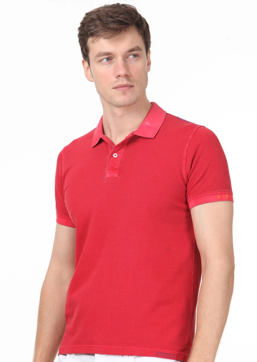 Kırmızı Düz Polo Yaka %100 Pamuk T-Shirt - 2