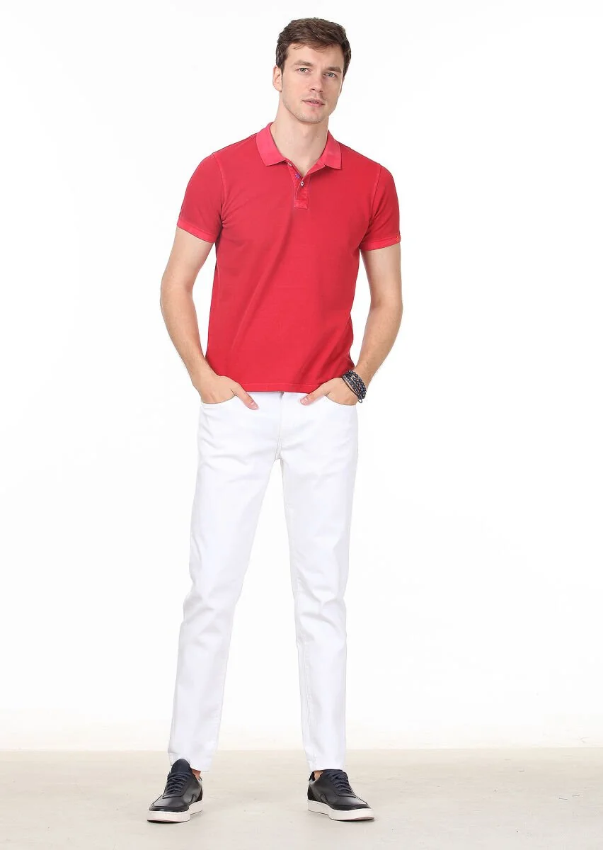 Kırmızı Düz Polo Yaka %100 Pamuk T-Shirt - 3