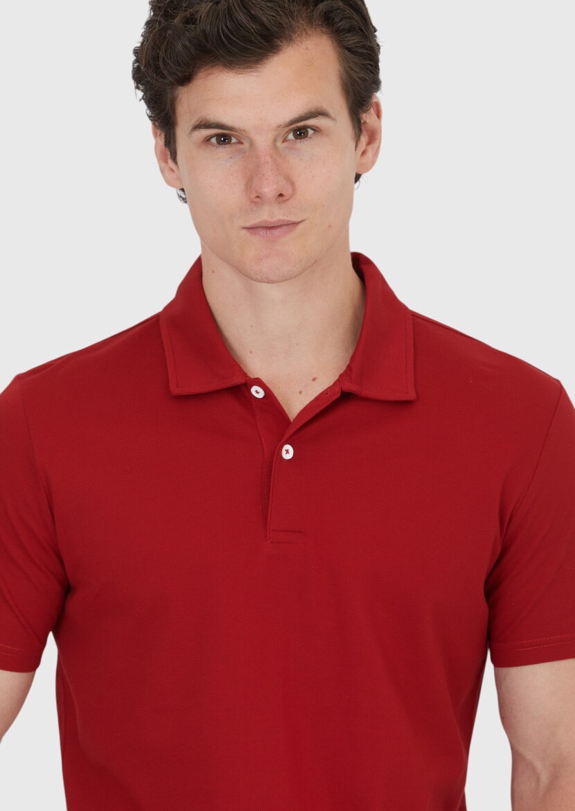 Kırmızı Düz Polo Yaka %100 Pamuk T-Shirt 