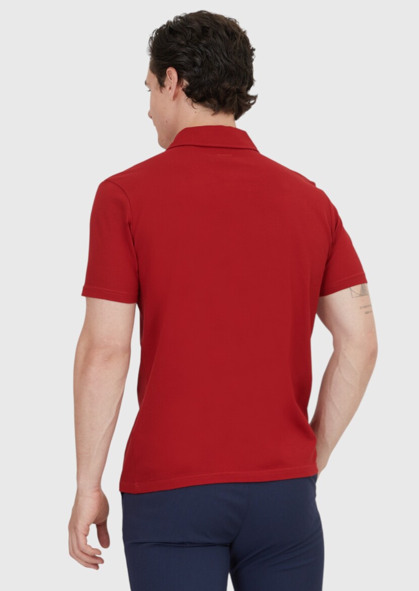 Kırmızı Düz Polo Yaka %100 Pamuk T-Shirt - 4