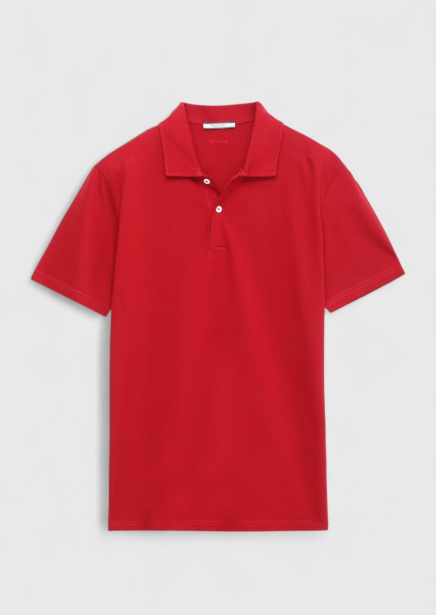 Kırmızı Düz Polo Yaka %100 Pamuk T-Shirt - 5