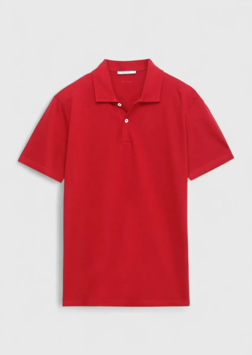 Kırmızı Düz Polo Yaka %100 Pamuk T-Shirt - 1
