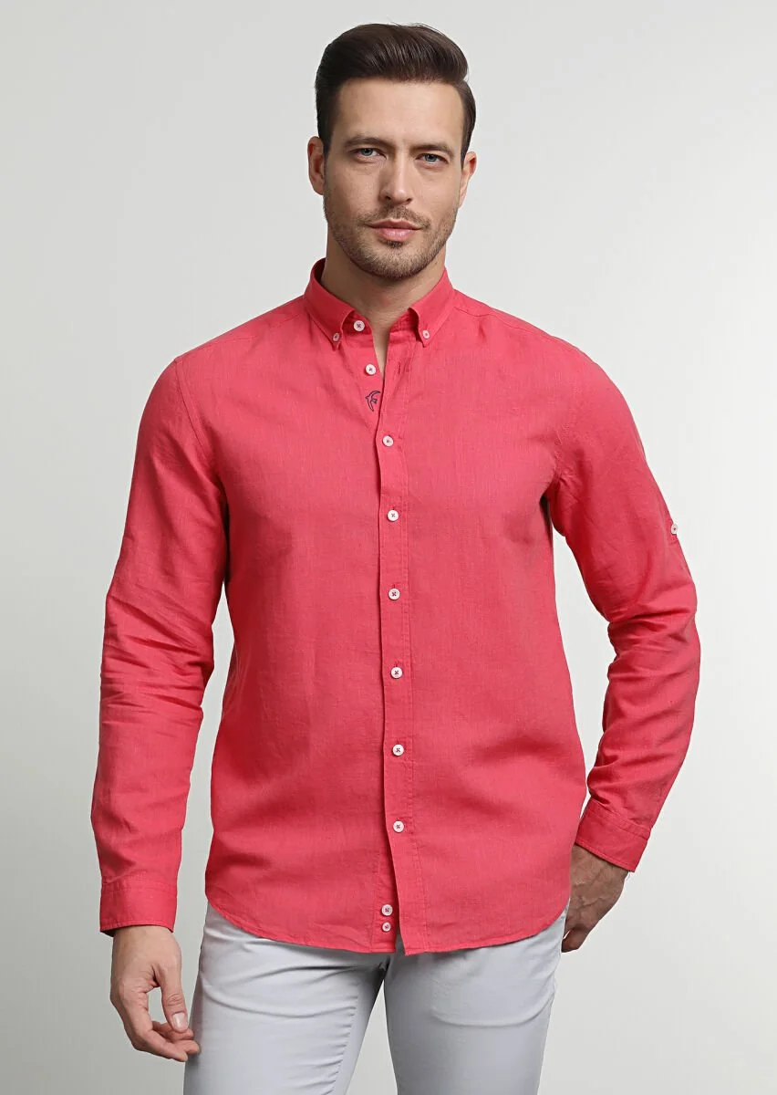Kırmızı Düz Regular Fit Dokuma Casual Pamuk Karışımlı Gömlek - 3