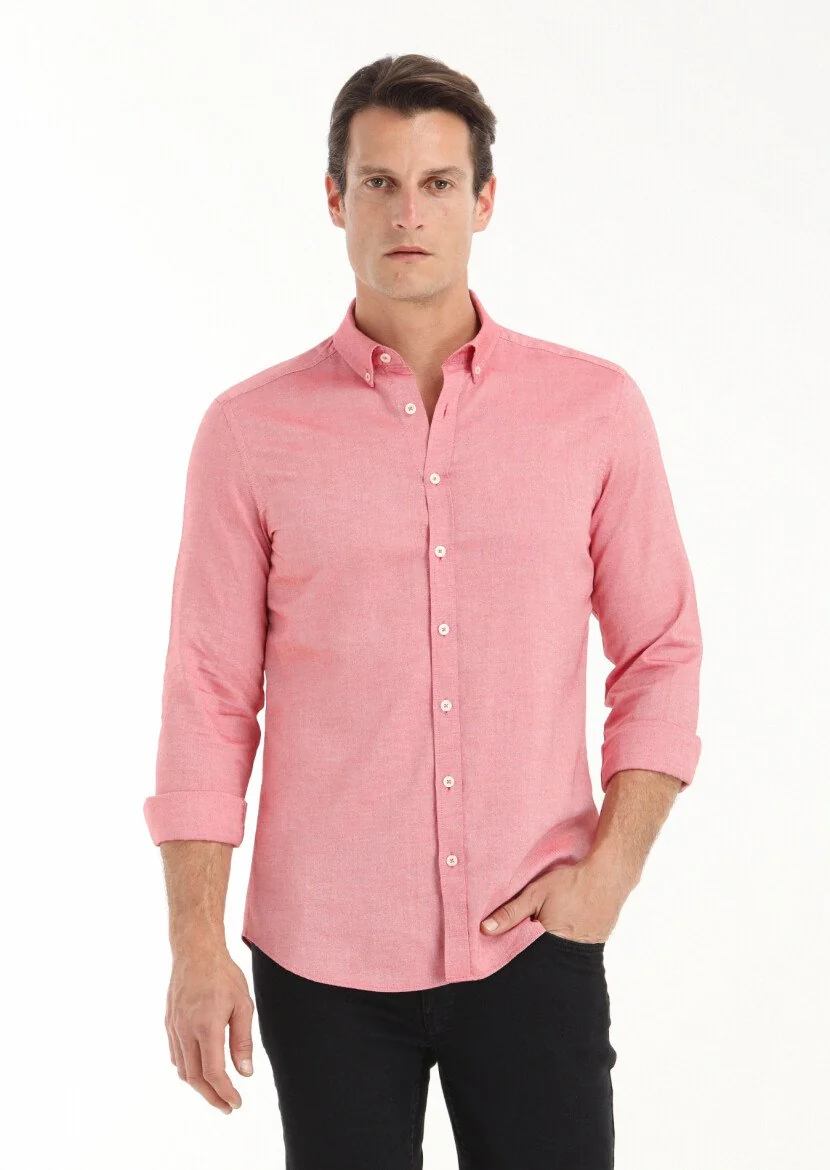 Kırmızı Düz Slim Fit Dokuma Casual %100 Pamuk Gömlek 