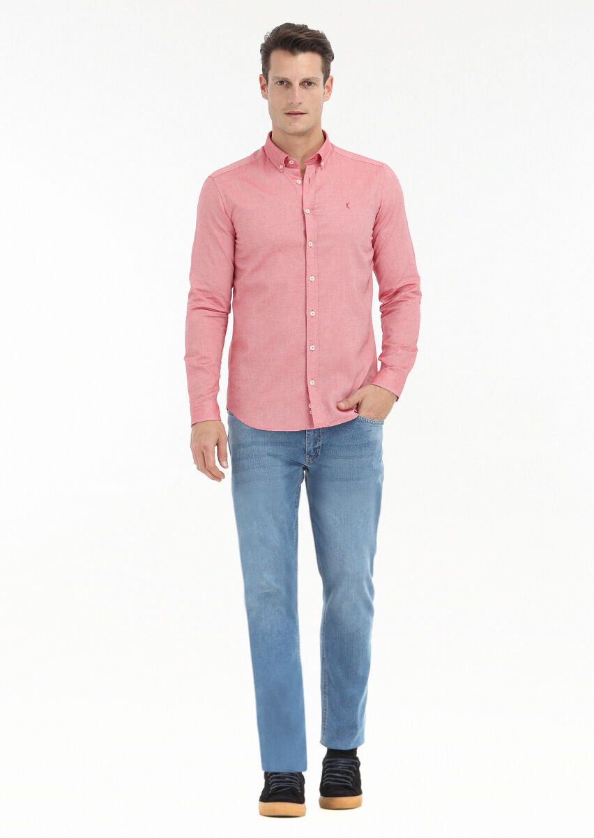 Kırmızı Düz Slim Fit Uzun Dokuma Casual %100 Pamuk Gömlek - 1