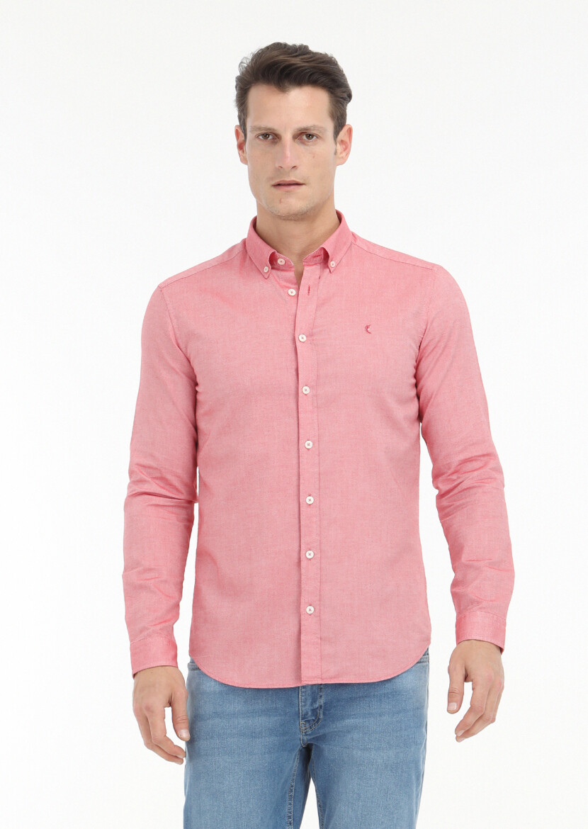 Kırmızı Düz Slim Fit Uzun Dokuma Casual %100 Pamuk Gömlek 