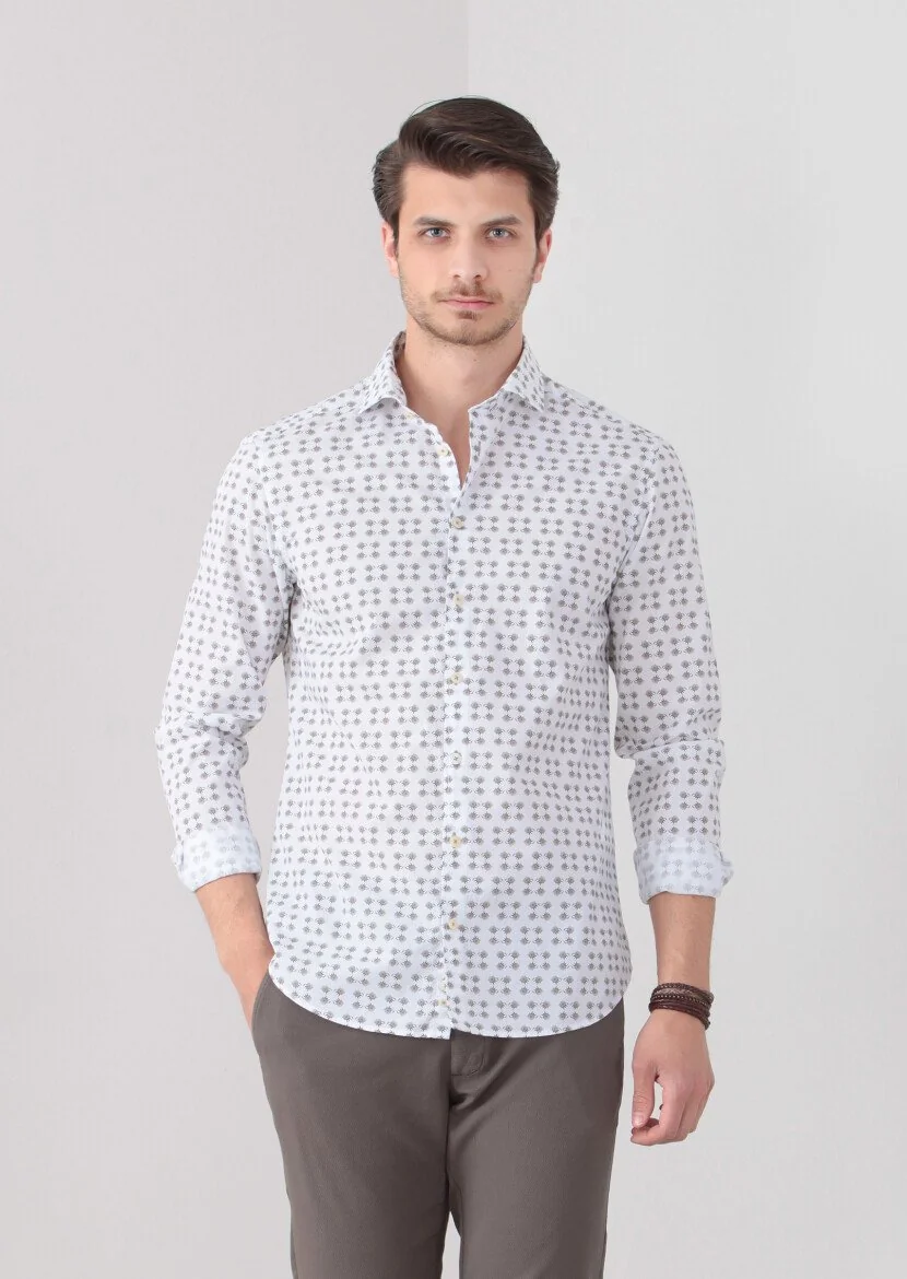 Koyu Bej Baskılı Slim Fit Dokuma Casual %100 Pamuk Gömlek - 3