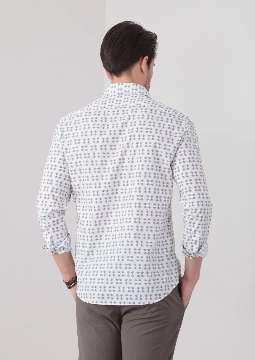 Koyu Bej Baskılı Slim Fit Dokuma Casual %100 Pamuk Gömlek - 5