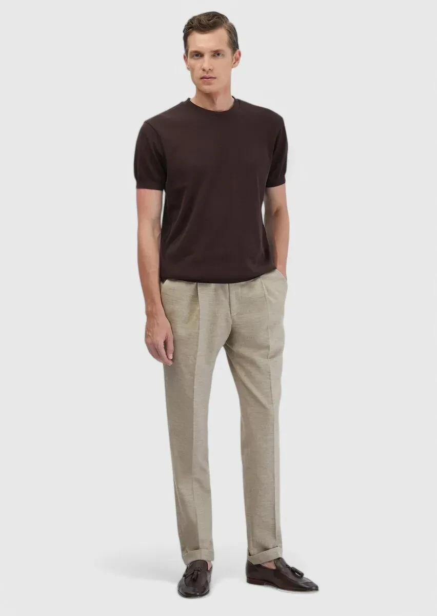 Koyu Bej Düz Kumaş Regular Fit Casual Pamuk Karışımlı Pantolon - 1