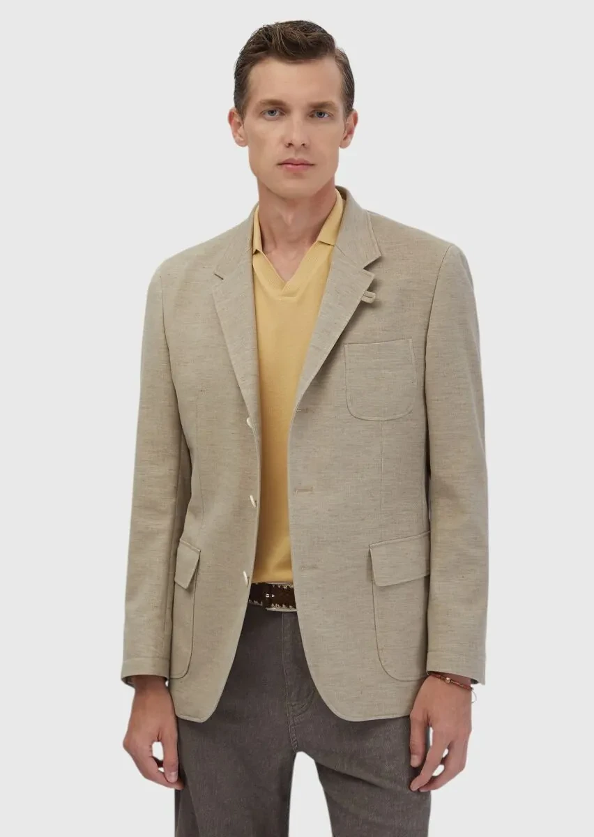 Koyu Bej Düz Shirt Shoulder Slim Fit Pamuk Karışımlı Ceket - 4