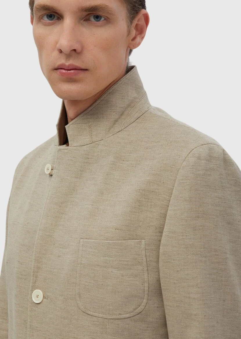 Koyu Bej Düz Shirt Shoulder Slim Fit Pamuk Karışımlı Ceket - 8
