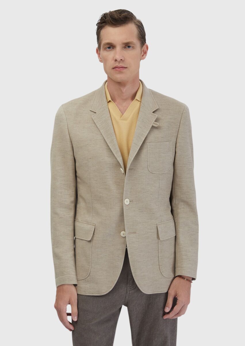 Koyu Bej Düz Shirt Shoulder Slim Fit Pamuk Karışımlı Ceket - 1