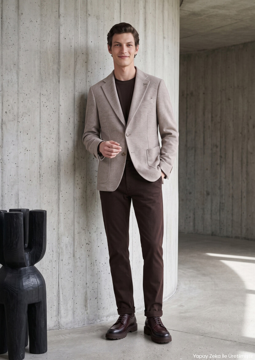 Koyu Bej Düz Shirt Shoulder Slim Fit Yün Karışımlı Örme Ceket - RAMSEY