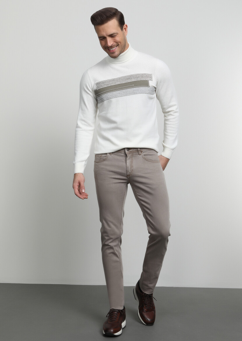 Koyu Bej Düz Slim Fit Denim Pamuk Karışımlı Pantolon - 1
