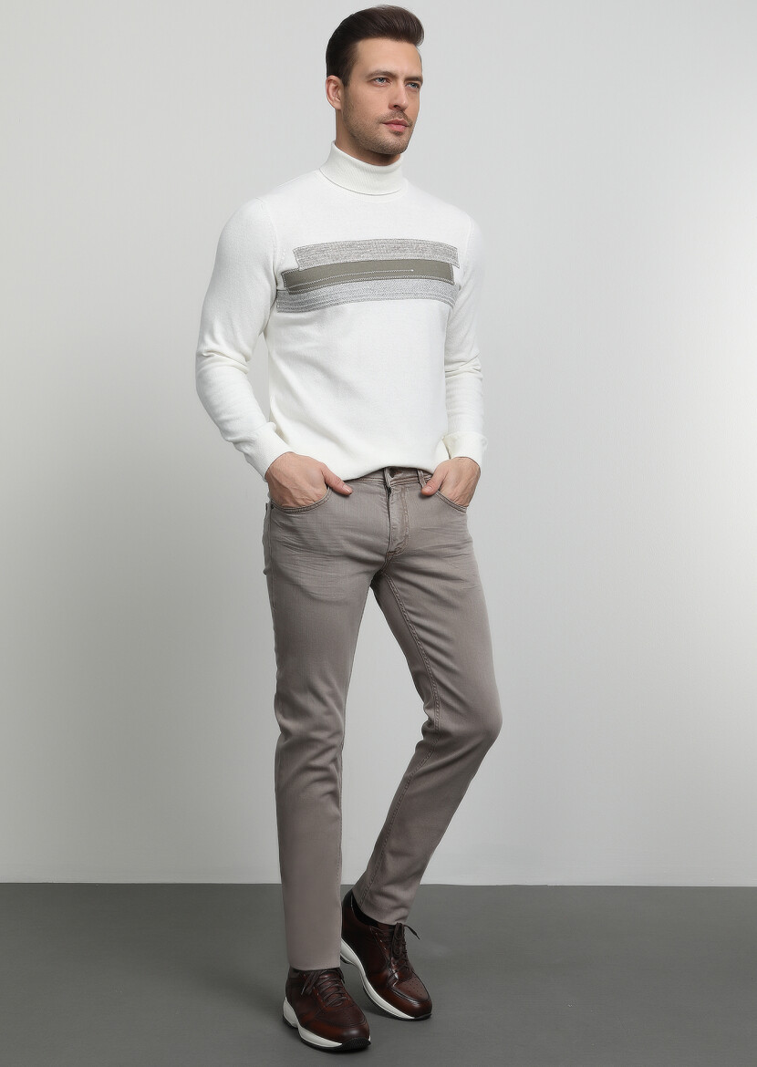 Koyu Bej Düz Slim Fit Denim Pamuk Karışımlı Pantolon - 3