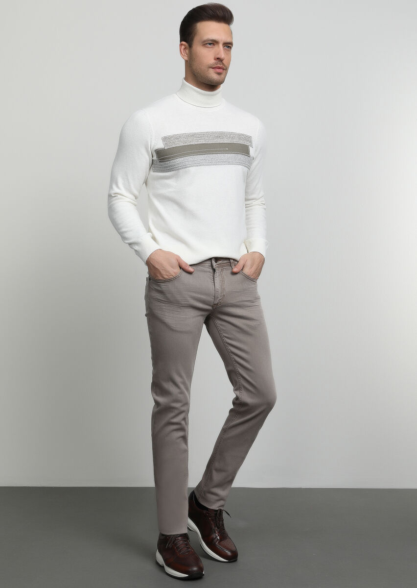 Koyu Bej Düz Slim Fit Denim Pamuk Karışımlı Pantolon - 3