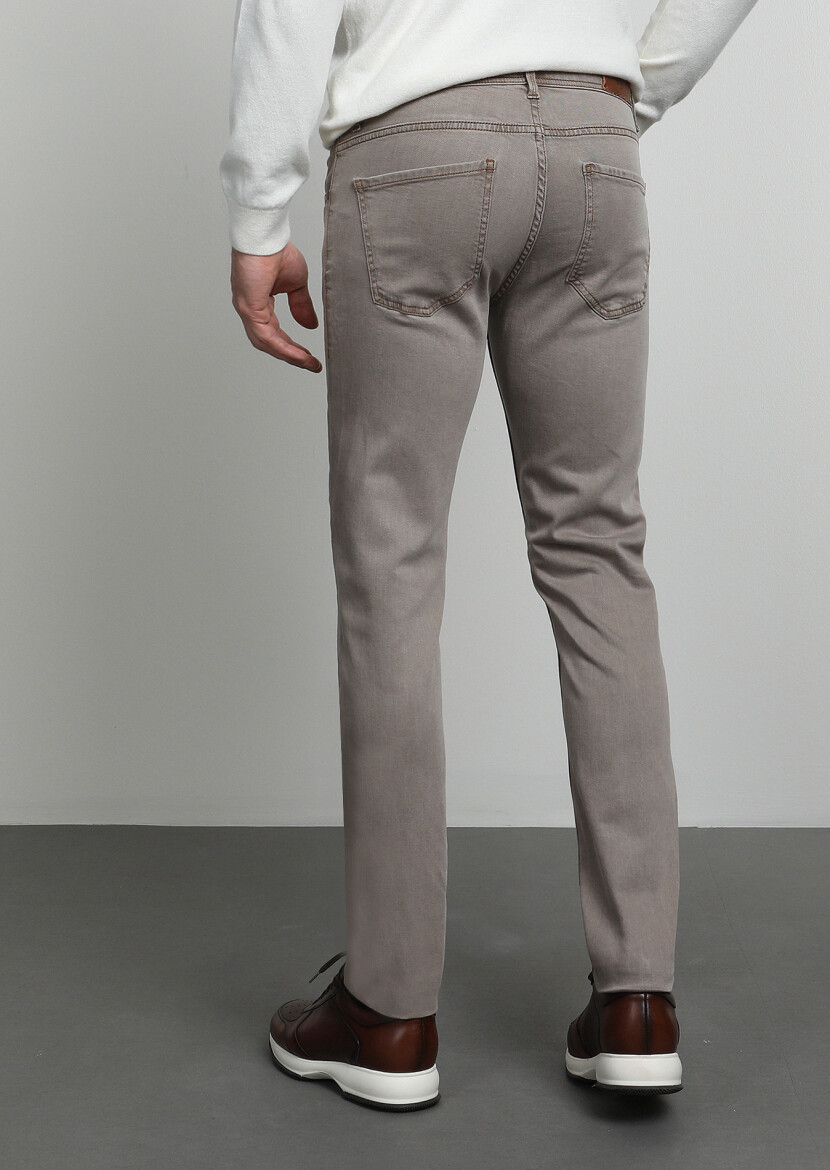 Koyu Bej Düz Slim Fit Denim Pamuk Karışımlı Pantolon - 4