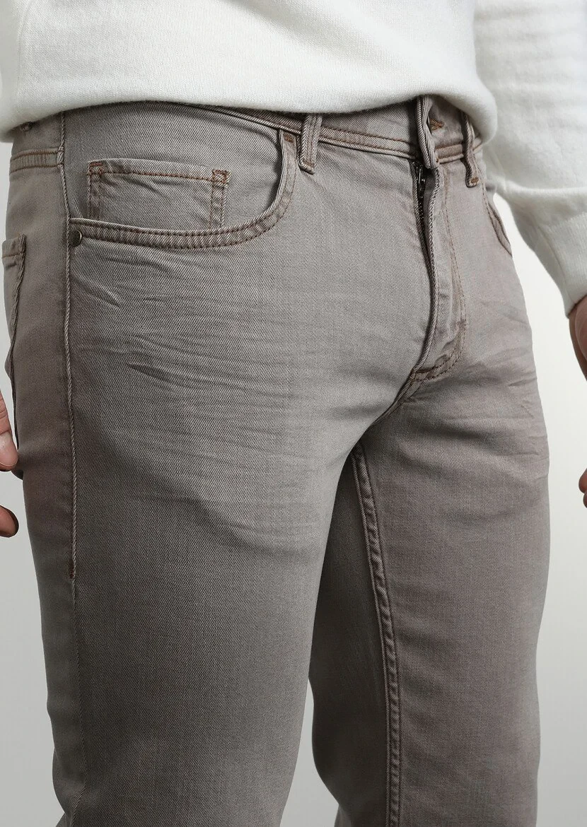 Koyu Bej Düz Slim Fit Denim Pamuk Karışımlı Pantolon 