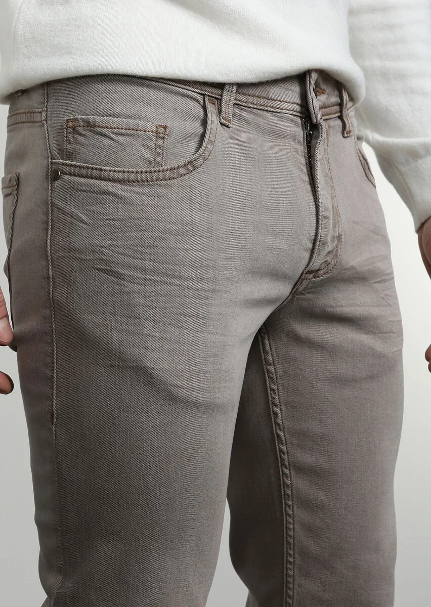 Koyu Bej Düz Slim Fit Denim Pamuk Karışımlı Pantolon - 2