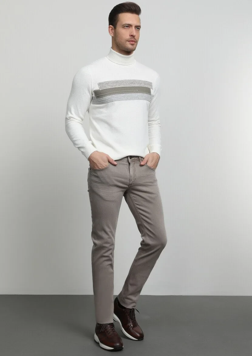 Koyu Bej Düz Slim Fit Denim Pamuk Karışımlı Pantolon - 3