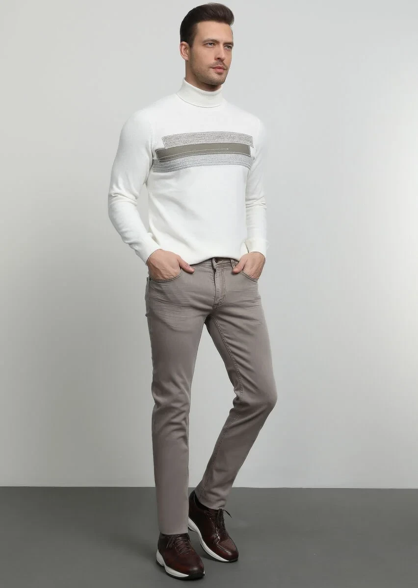 Koyu Bej Düz Slim Fit Denim Pamuk Karışımlı Pantolon - 3