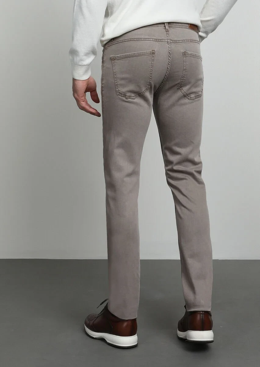 Koyu Bej Düz Slim Fit Denim Pamuk Karışımlı Pantolon - 4