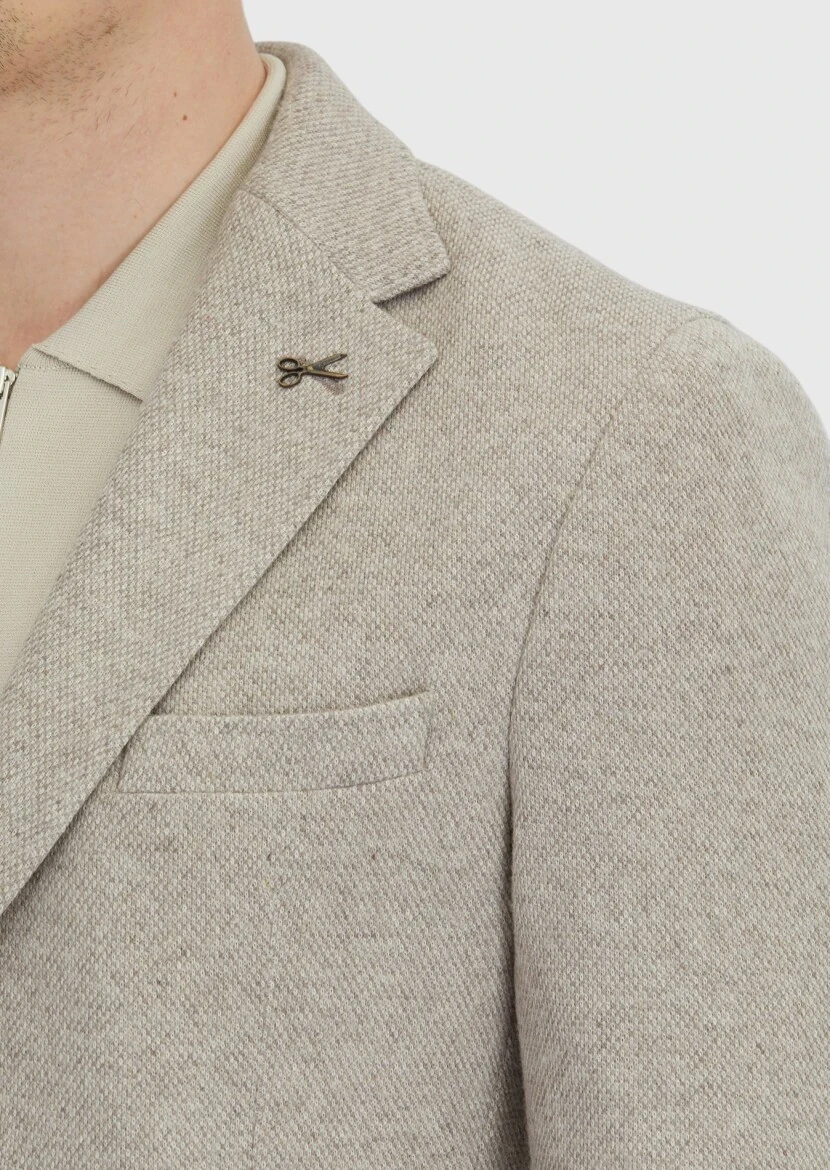 Koyu Bej Düz Yün Karışımlı Örme Ceket - 4