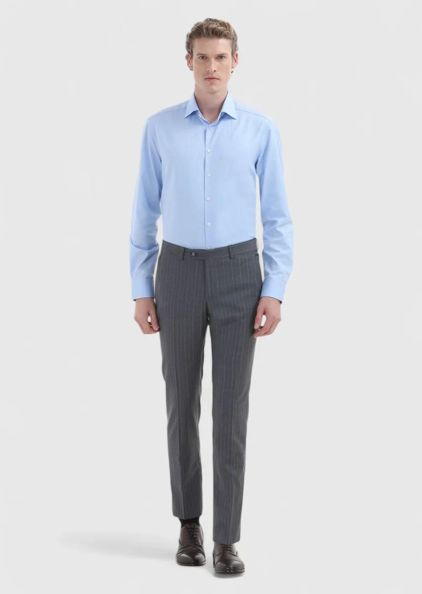 Koyu Gri Çizgili Kumaş Modern Fit Klasik %100 Yün Pantolon - 1