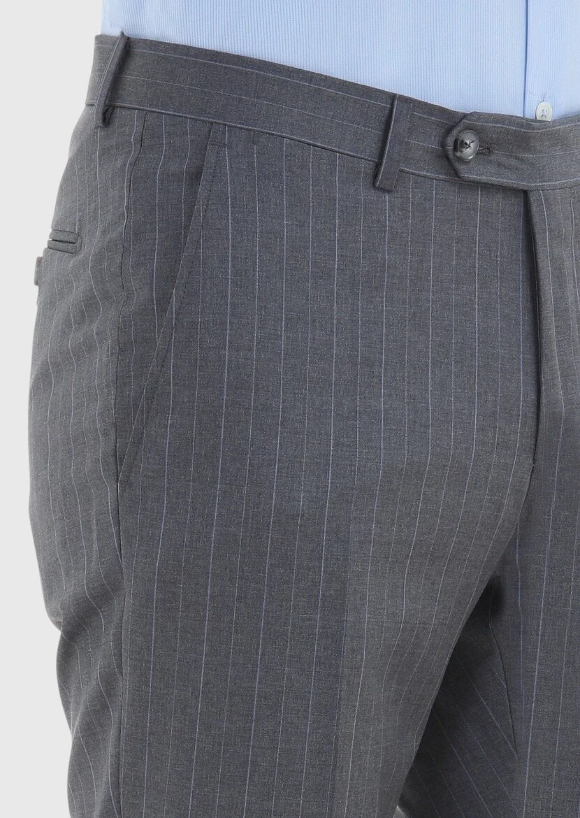 Koyu Gri Çizgili Kumaş Modern Fit Klasik %100 Yün Pantolon - 3