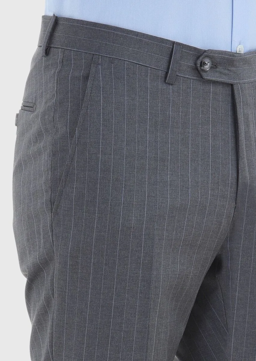 Koyu Gri Çizgili Kumaş Modern Fit Klasik %100 Yün Pantolon - 3