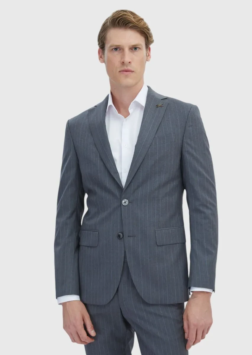 Koyu Gri Çizgili Modern Fit %100 Yün Takım Elbise - 1