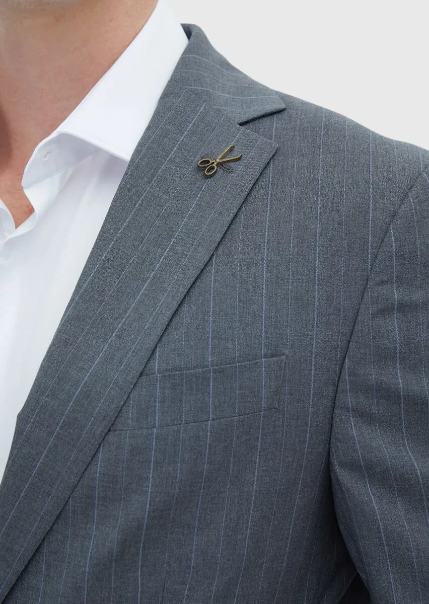 Koyu Gri Çizgili Modern Fit %100 Yün Takım Elbise - 4