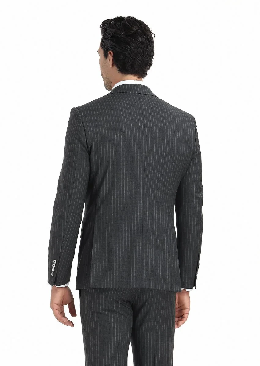 Koyu Gri Çizgili Modern Fit Yün Karışımlı Takım Elbise - 4