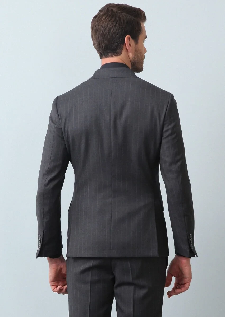 Koyu Gri Çizgili Zeroweight Slim Fit %100 Yün Takım Elbise - 5