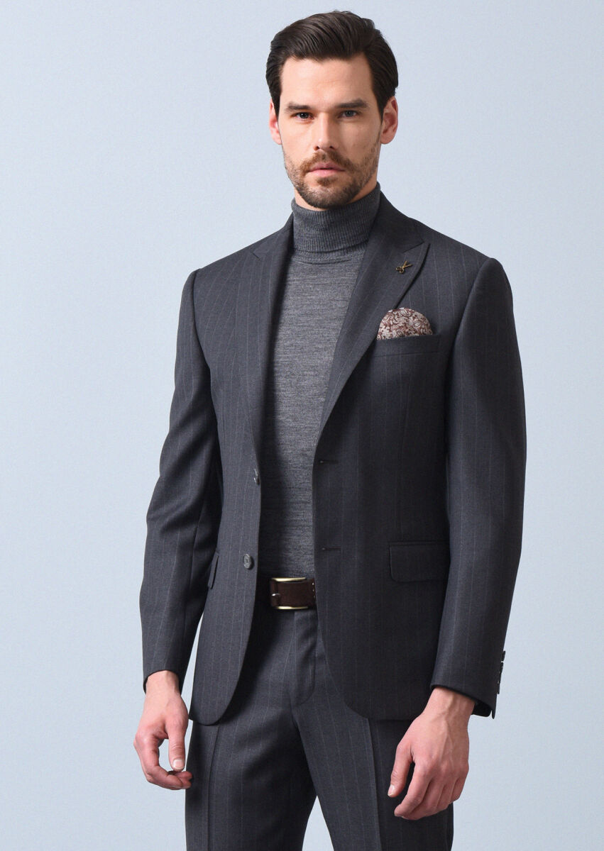 Koyu Gri Çizgili Zeroweight Slim Fit %100 Yün Takım Elbise - 3