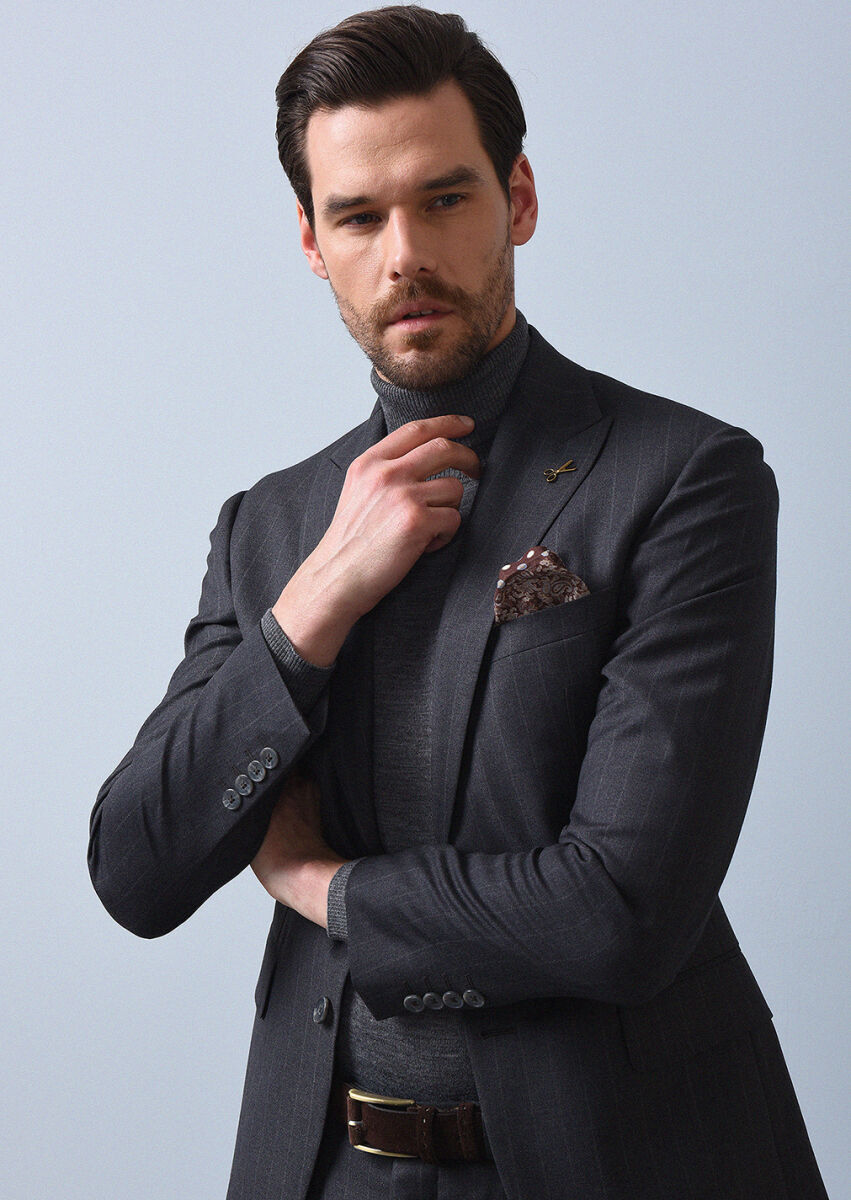 Koyu Gri Çizgili Zeroweight Slim Fit %100 Yün Takım Elbise - 4
