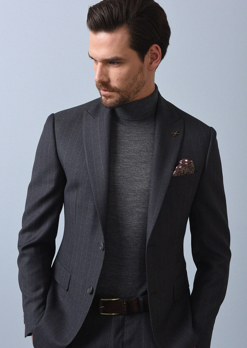 Koyu Gri Çizgili Zeroweight Slim Fit %100 Yün Takım Elbise - 2