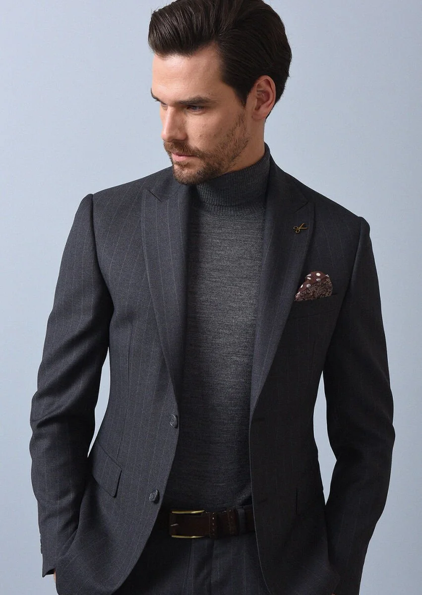 Koyu Gri Çizgili Zeroweight Slim Fit %100 Yün Takım Elbise - 2