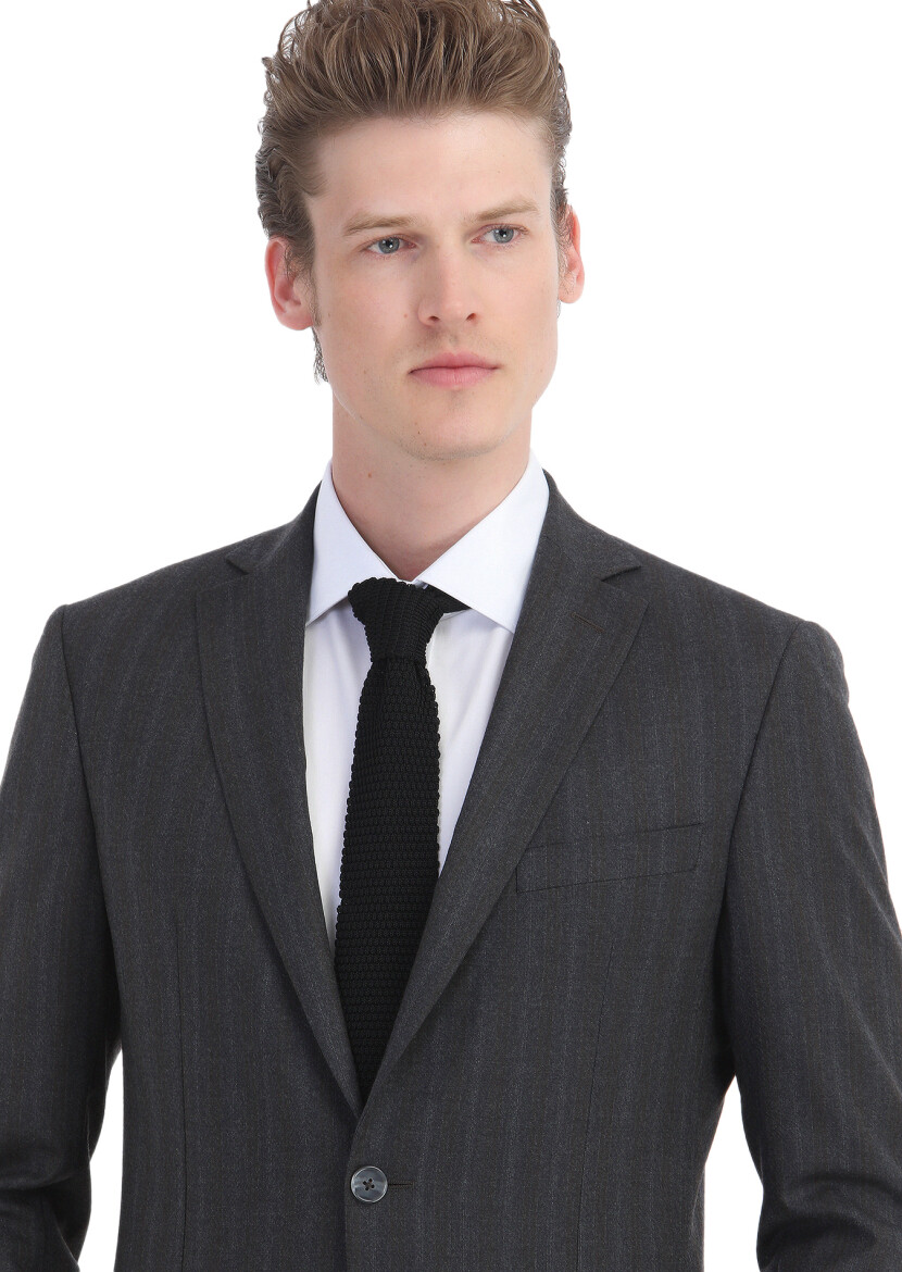 Koyu Gri Çizgili Zeroweight Slim Fit Yün Karışımlı Takım Elbise - 6