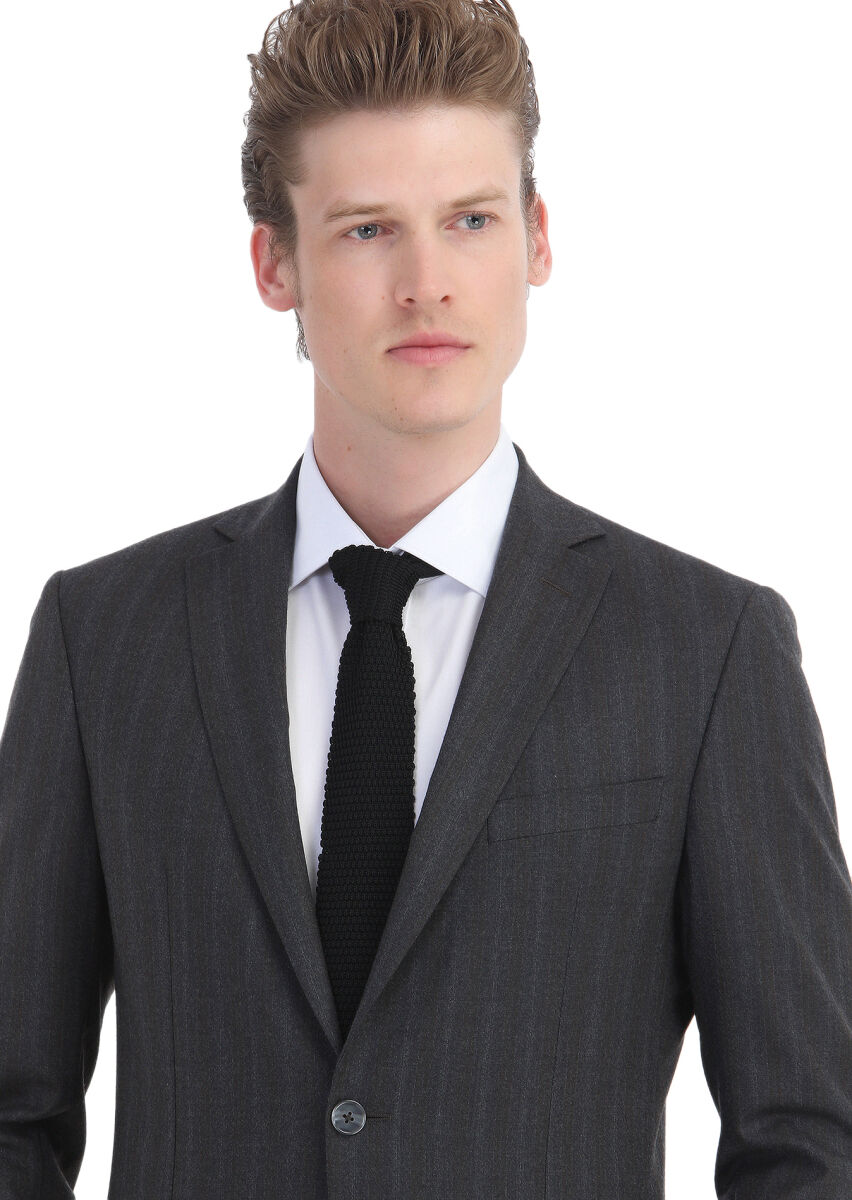 Koyu Gri Çizgili Zeroweight Slim Fit Yün Karışımlı Takım Elbise - 6