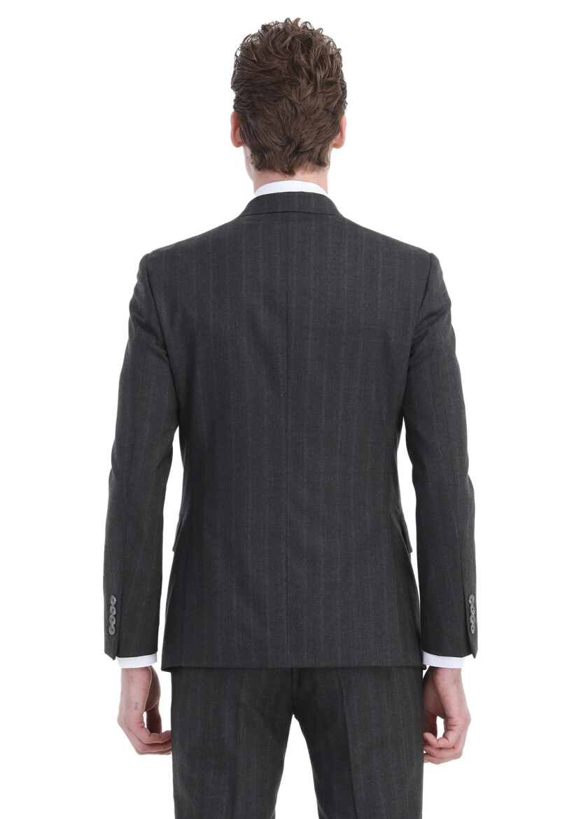 Koyu Gri Çizgili Zeroweight Slim Fit Yün Karışımlı Takım Elbise - 7