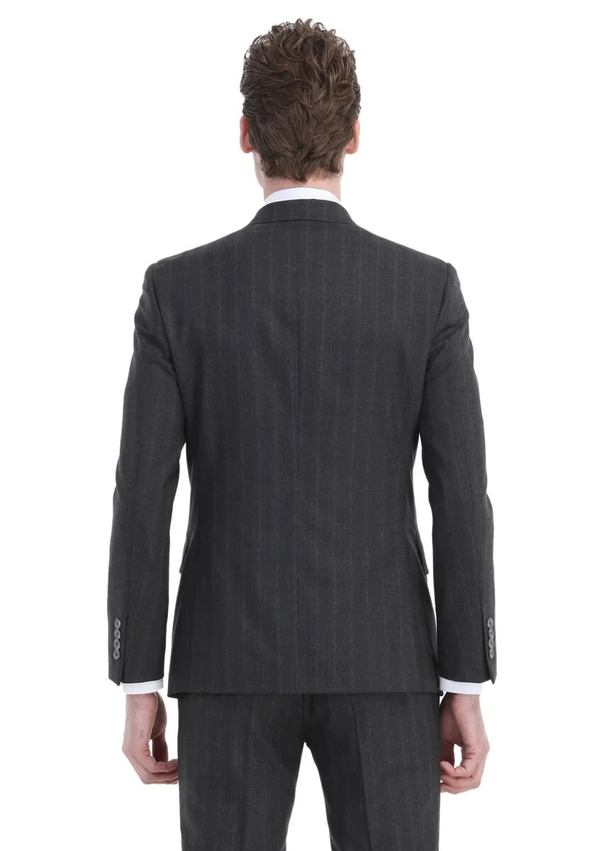 Koyu Gri Çizgili Zeroweight Slim Fit Yün Karışımlı Takım Elbise - 8