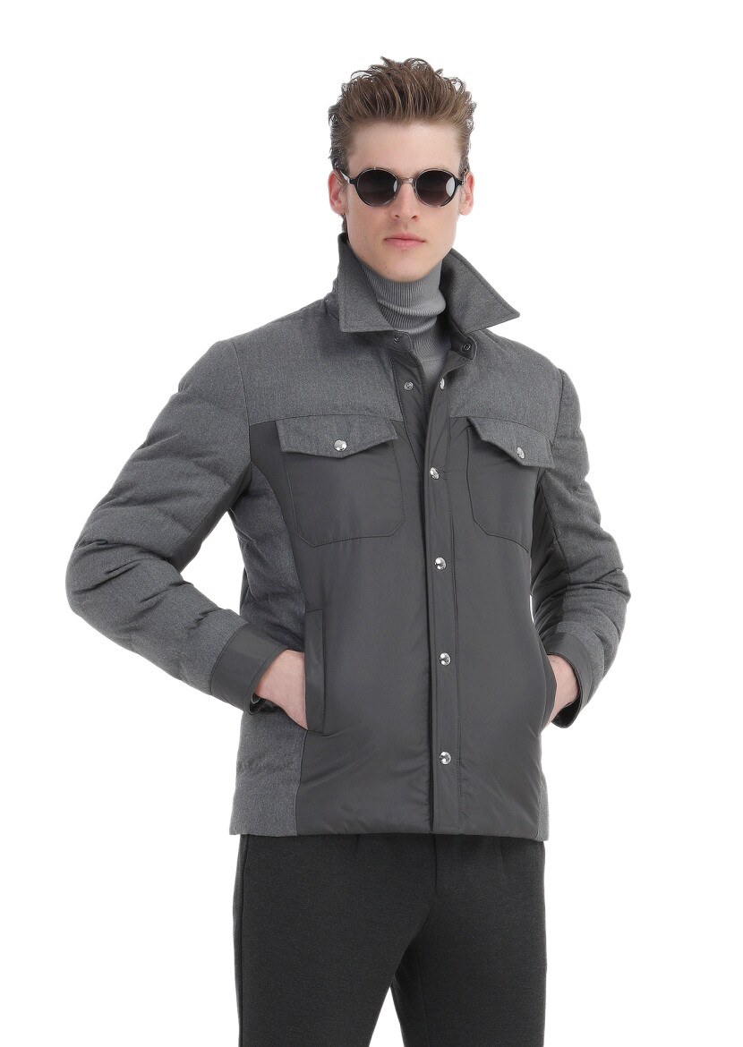 Koyu Gri Comfort Fit Gömlek Yaka Casual Dokuma Mont - 4