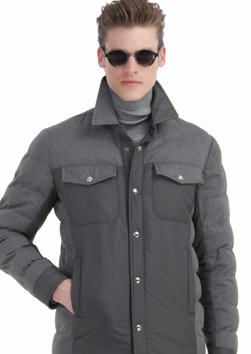 Koyu Gri Comfort Fit Gömlek Yaka Casual Dokuma Mont - 5