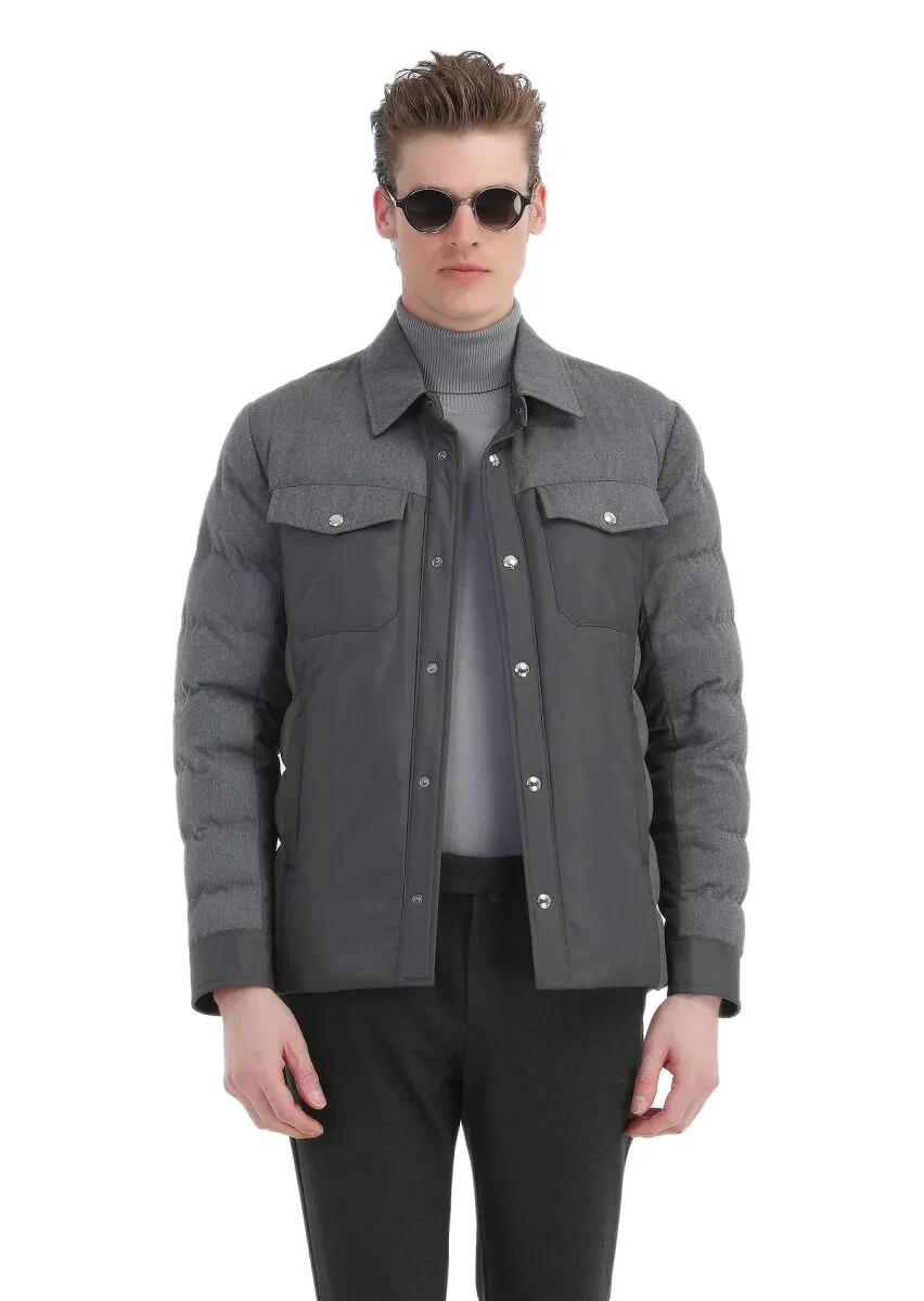 Koyu Gri Comfort Fit Gömlek Yaka Casual Dokuma Mont - 1