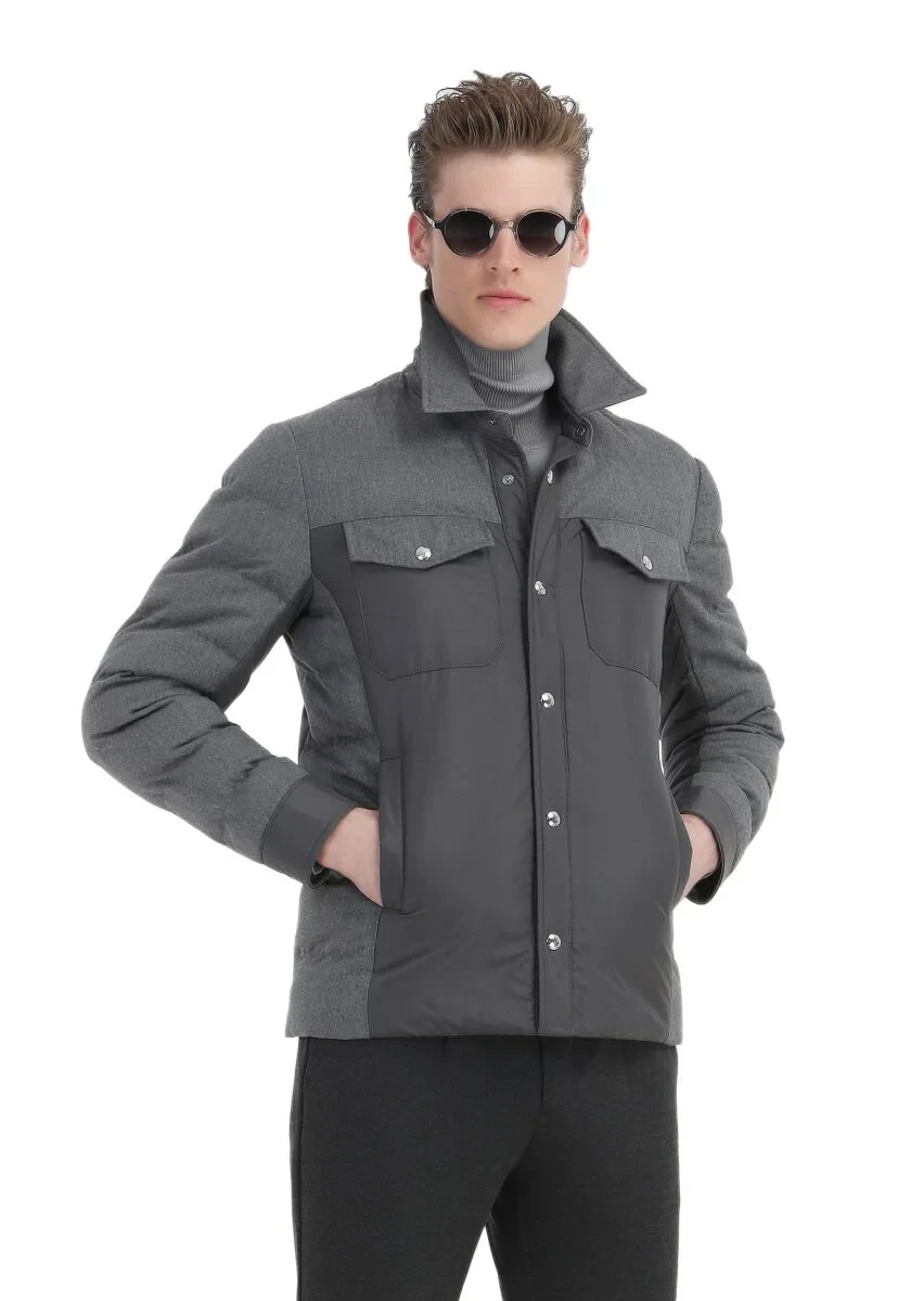 Koyu Gri Comfort Fit Gömlek Yaka Casual Dokuma Mont - 4